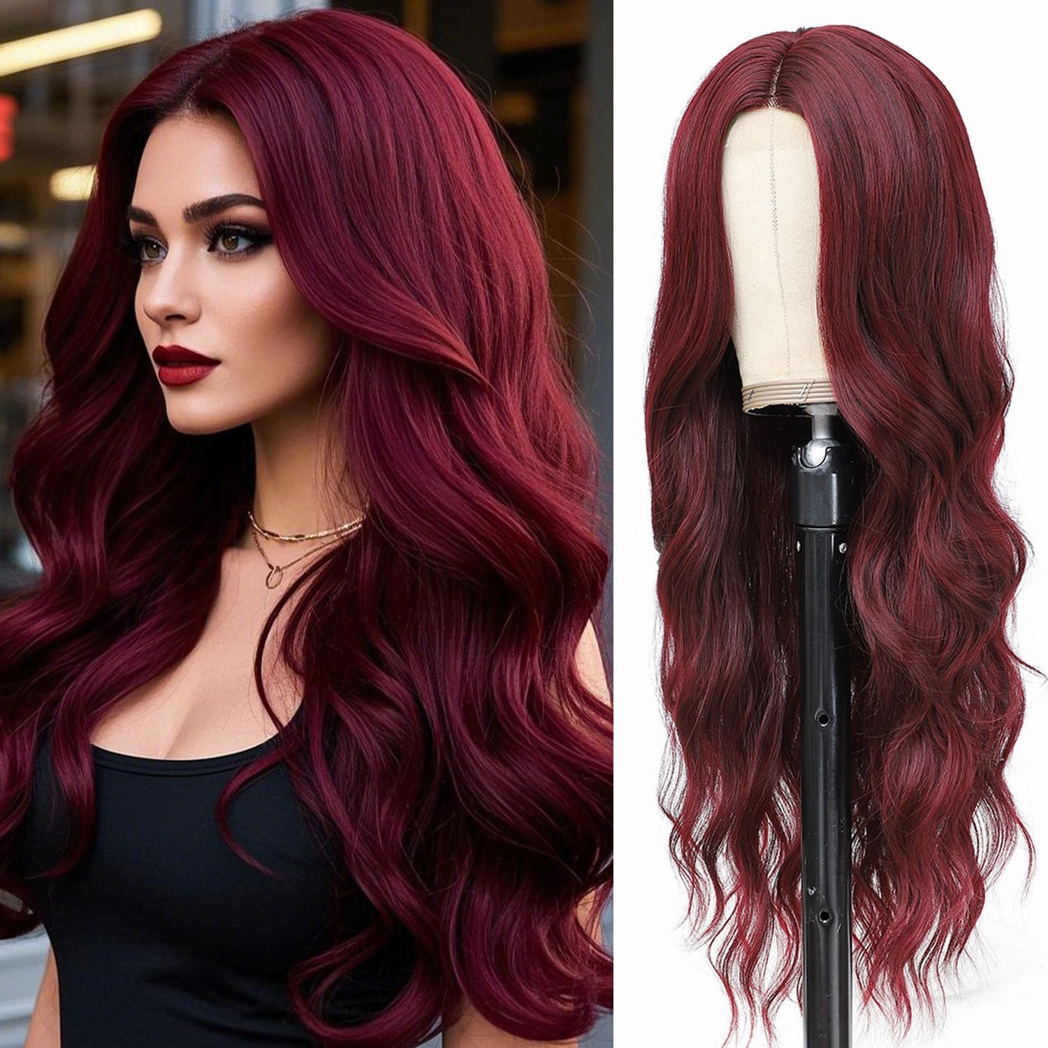 Burgundy Wig for Women, Long Wavy Middle Part Wine Red Wig Natural Looking Heat Resistant Synthetic Fiber Wig for Daily Party