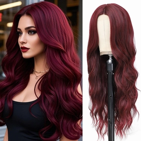 Burgundy Wig for Women, Long Wavy Middle Part Wine Red Wig Natural Looking Heat Resistant Synthetic Fiber Wig for Daily Party