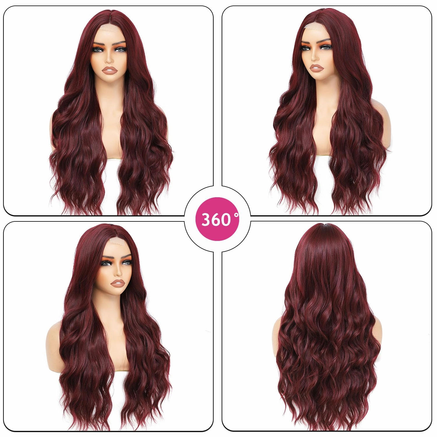 Burgundy Wig for Women, Long Wavy Middle Part Wine Red Wig Natural Looking Heat Resistant Synthetic Fiber Wig for Daily Party