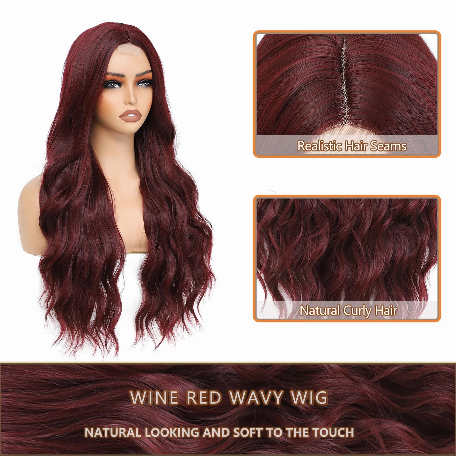 Burgundy Wig for Women, Long Wavy Middle Part Wine Red Wig Natural Looking Heat Resistant Synthetic Fiber Wig for Daily Party