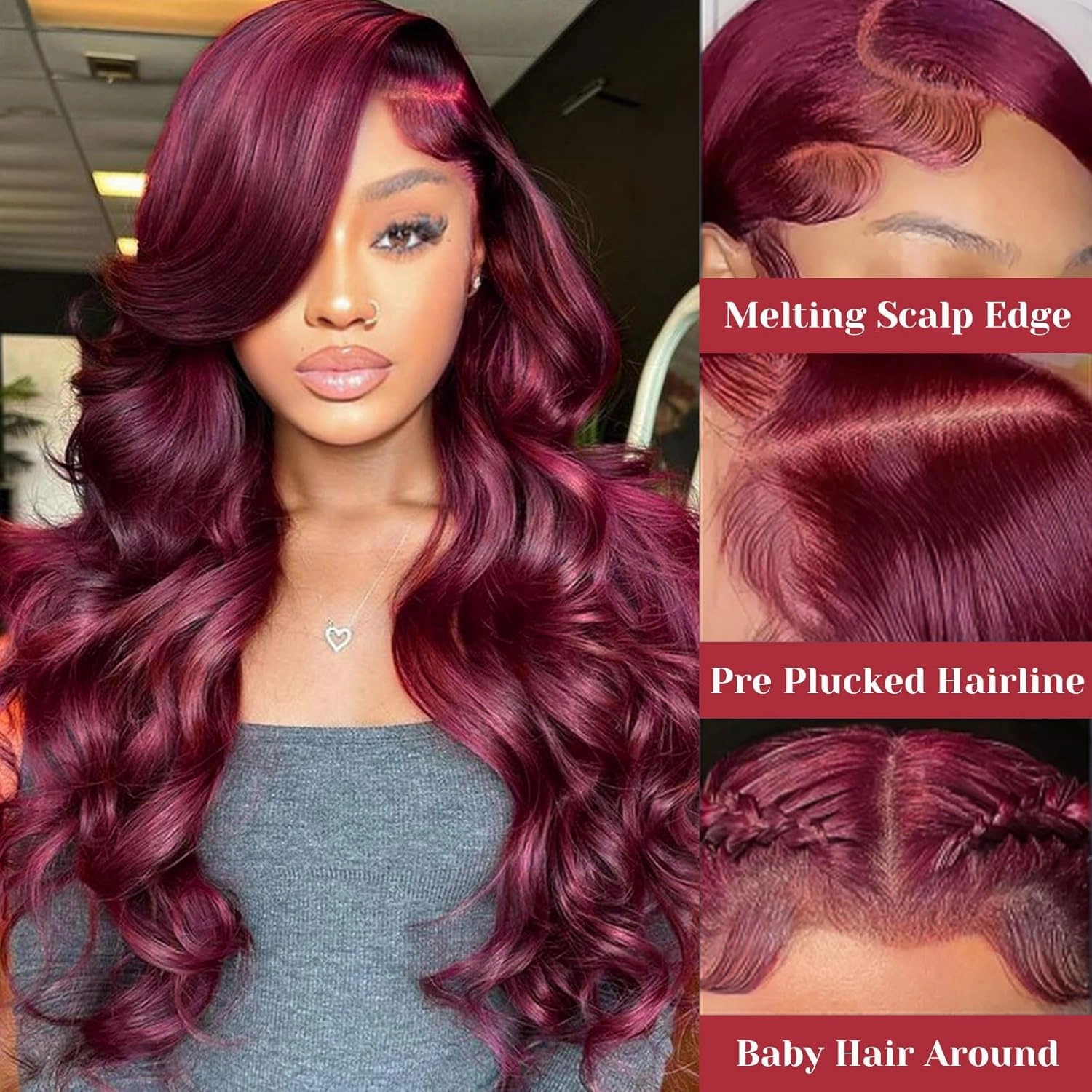 Burgundy Wig Human Hair 13x4 HD Transparent 99j Burgundy Body Wave Lace Front Wigs Human Hair Pre Plucked 200% Density Glueless Red Wine Colored Human Hair Wigs for Women with 24 Inch