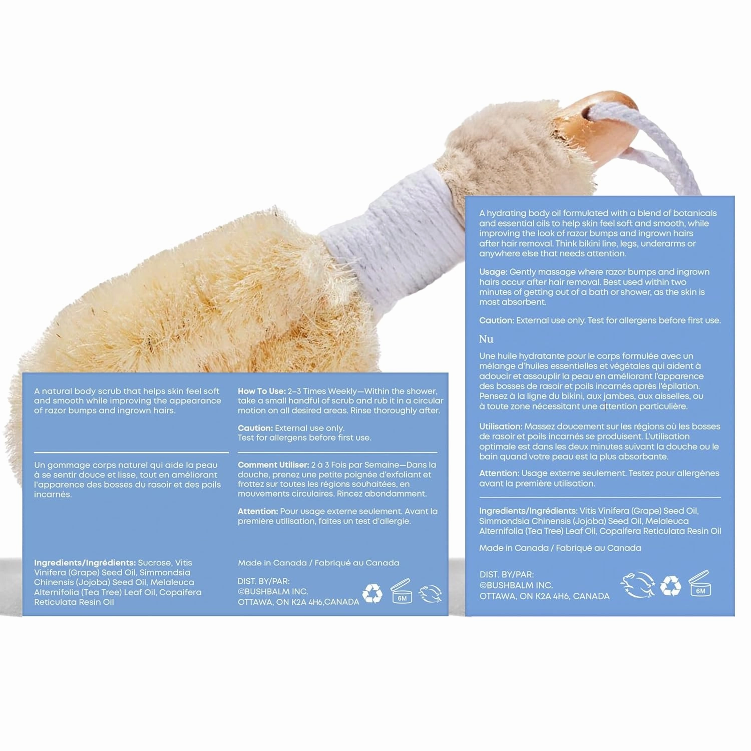 Bushbalm Ingrown Razor Bumps 3 Step Routine - Ingrown Hair Oil (30 ml), Exfoliating Scrub (236 ml), and Nordic Dry Brush - Nude Scent