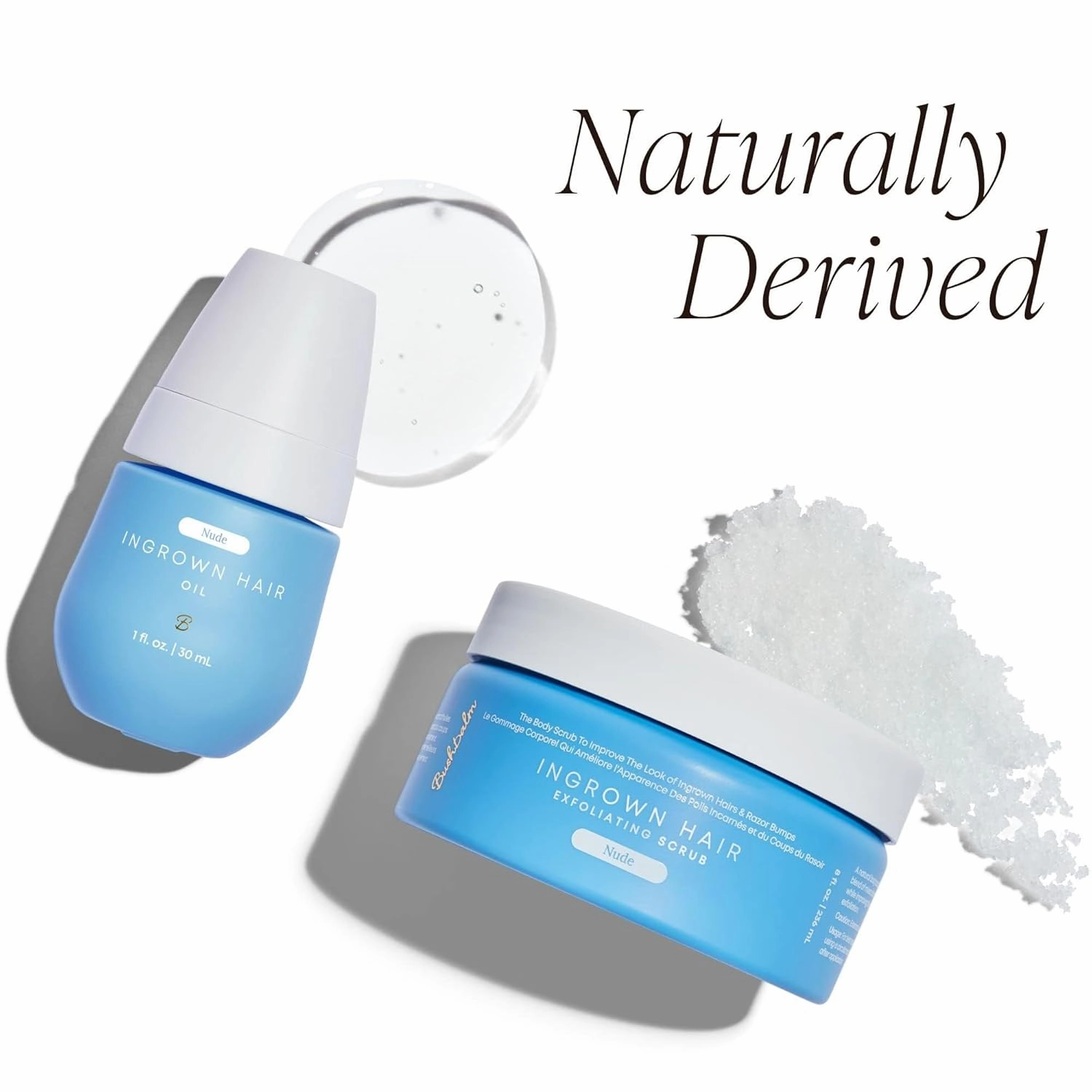 Bushbalm Ingrown Razor Bumps 3 Step Routine - Ingrown Hair Oil (30 ml), Exfoliating Scrub (236 ml), and Nordic Dry Brush - Nude Scent