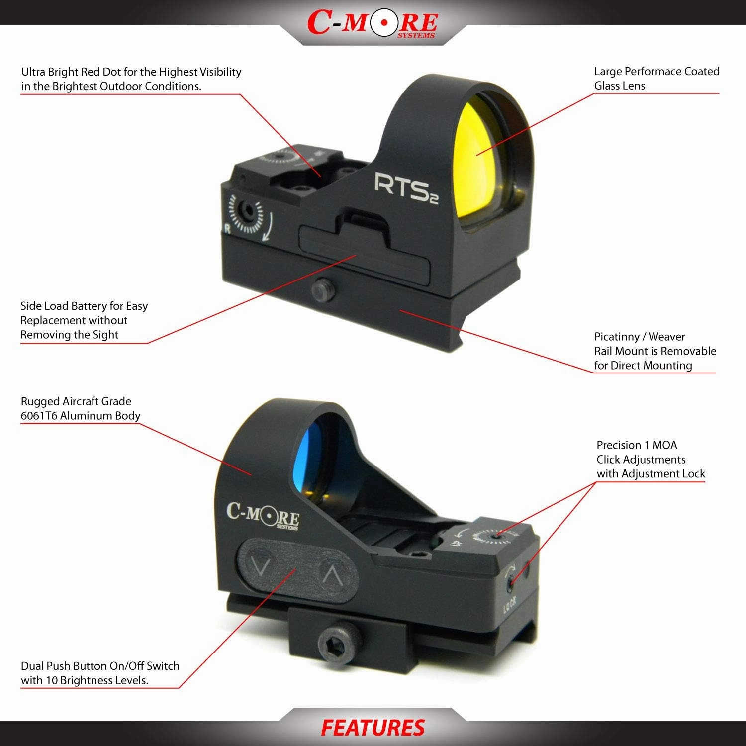 C-MORE Systems Micro Red Dot Sight RTS2B V5, 1x Magnification, Made of Aircraft Grade Aluminum, Adjusts for Wind & Elevation, Ultra Bright, All Weather, Waterproof, Lightweight, Matte Black