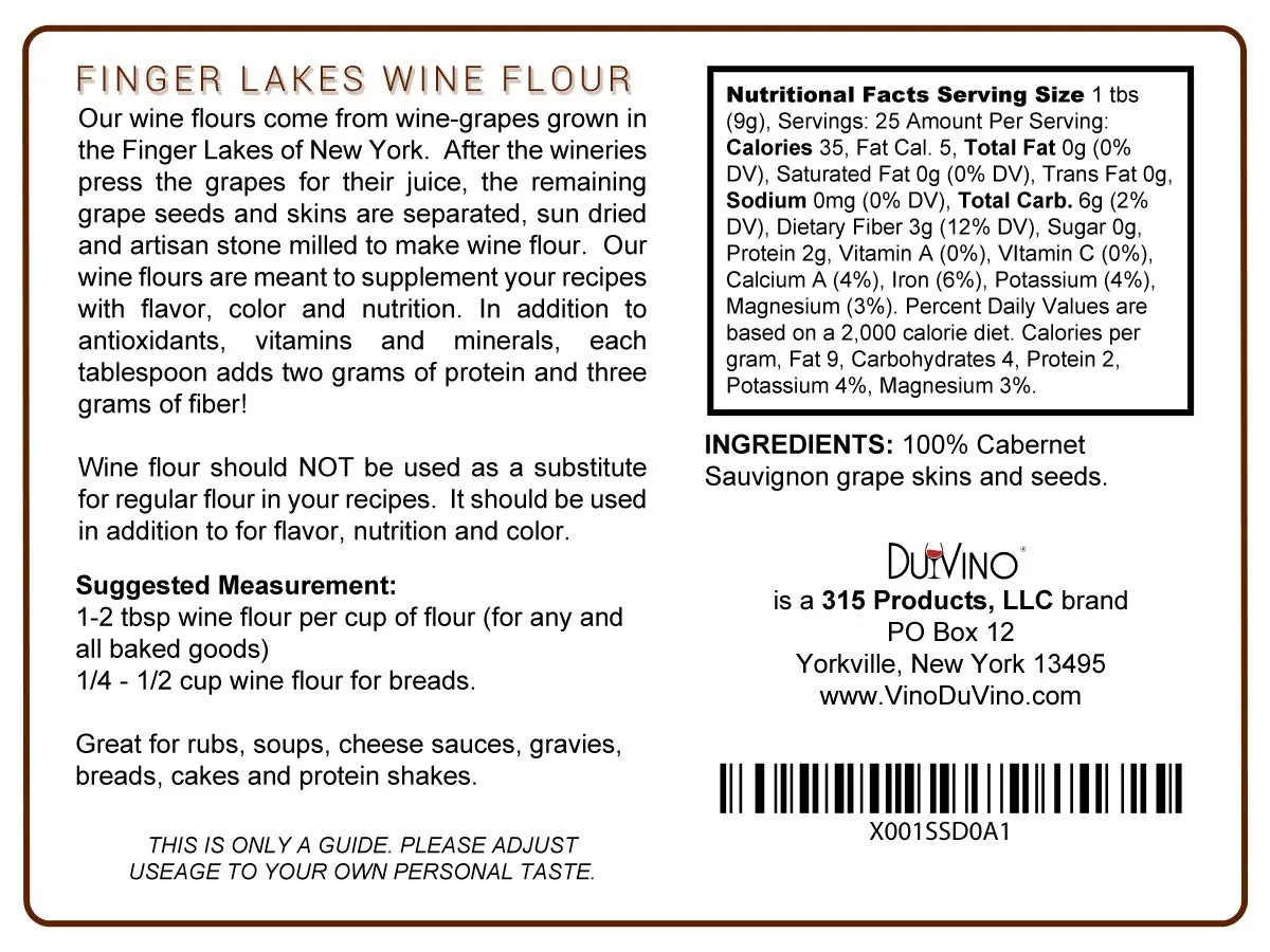 Cabernet Sauvignon Wine Flour/Wine Powder made 100% from Grape Skins and Seeds grown in NY Wine Region- Gluten Free Flour Rich in Antioxidants, Protein & Fiber- Use to Add Flavor, Nutrition and Color