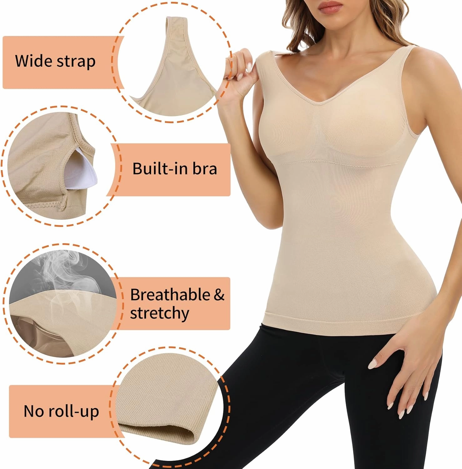 Camisoles with Built in Bra Compression Padded Shapewear Tank Tops for Women White Tank Tops with Built in Bras Tummy Control