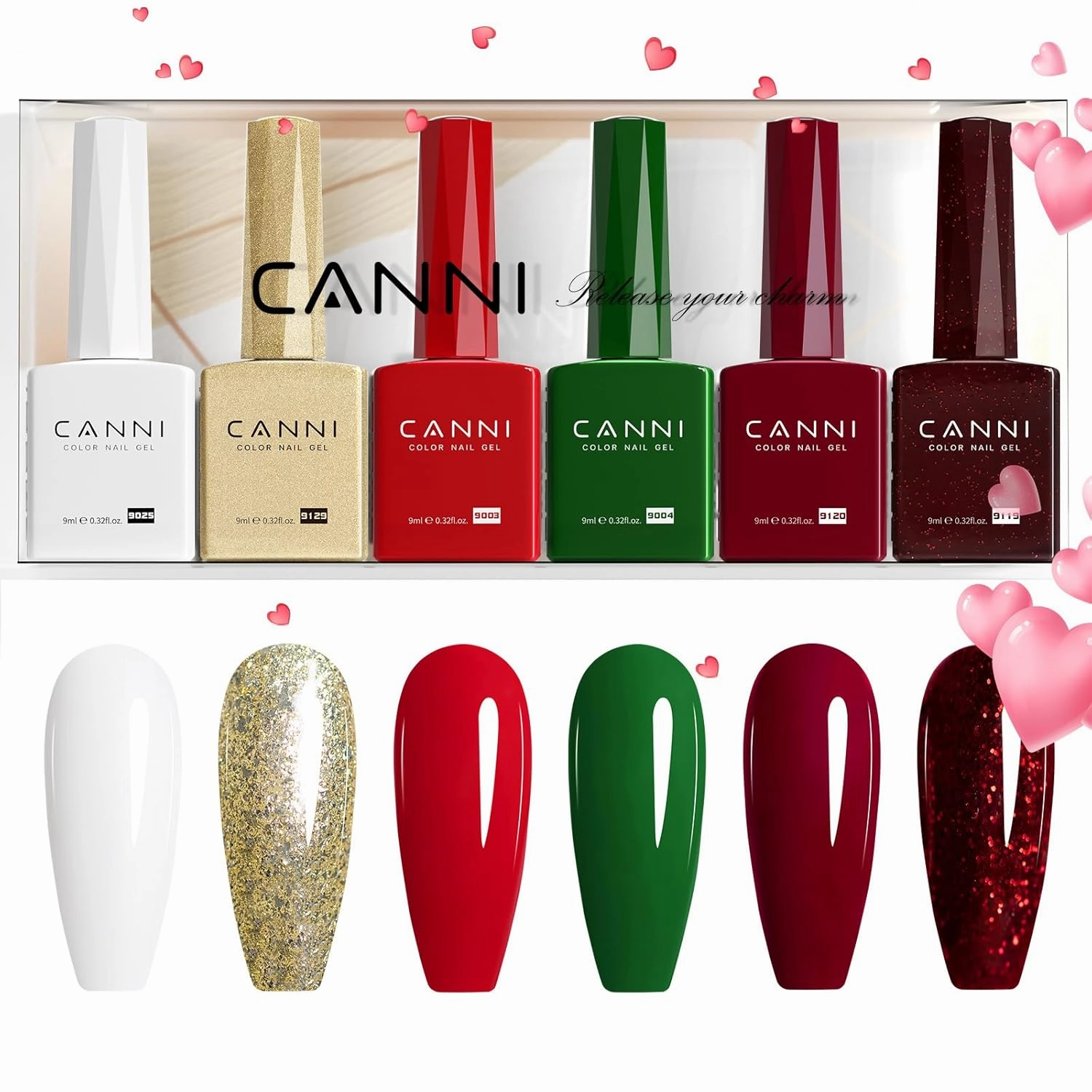 CANNI 6Pcs 9ml Gel Nail Polish Set- White Glitter Gold Emerald Green Burgundy Red Gel Polish Kit Christmas Colors DIY at Home Salon New Year's Gifts for Girls