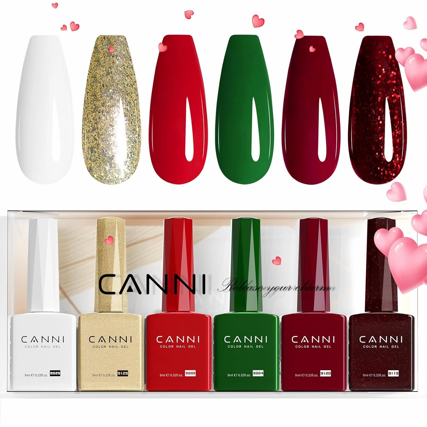 CANNI 6Pcs 9ml Gel Nail Polish Set- White Glitter Gold Emerald Green Burgundy Red Gel Polish Kit Christmas Colors DIY at Home Salon New Year's Gifts for Girls