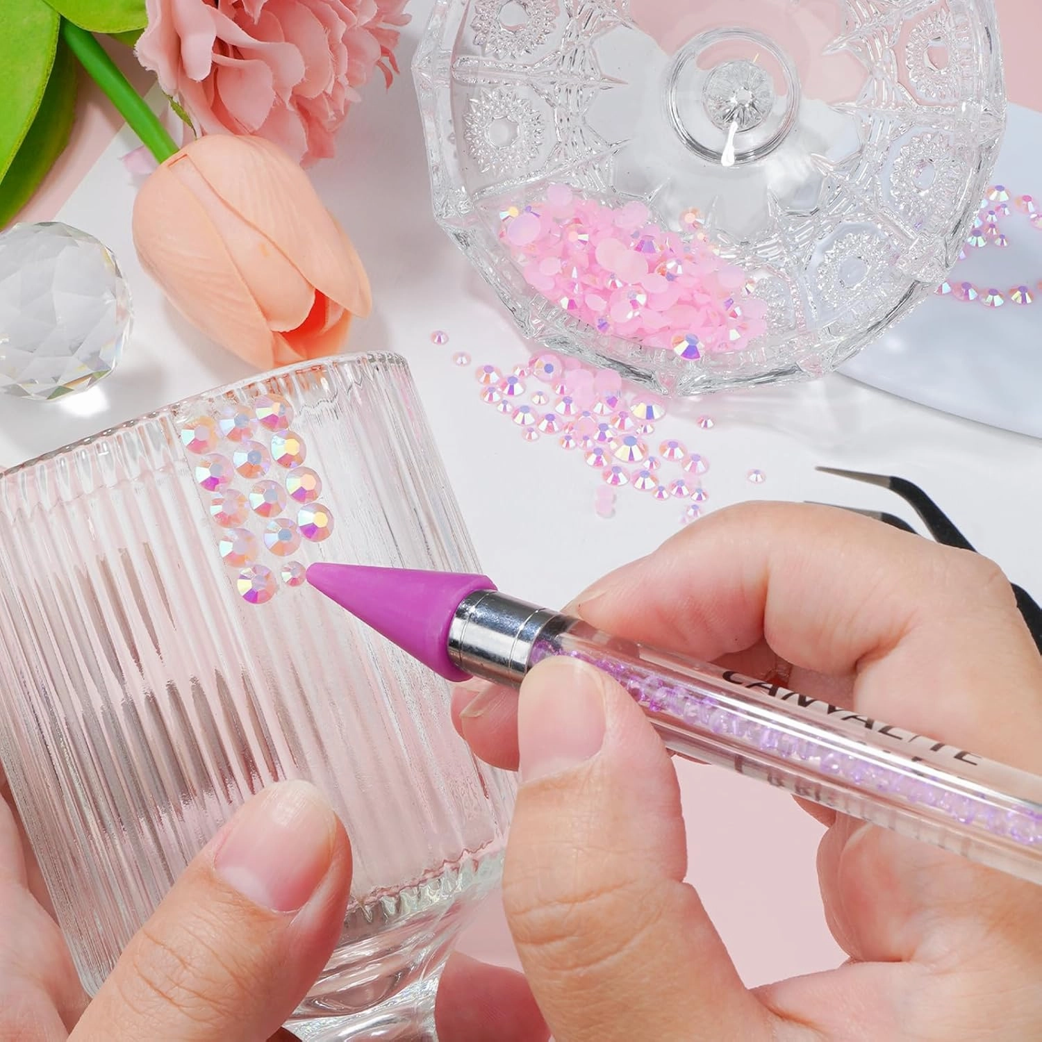 Canvalite 25000PCS Resin Jelly Rhinestones for Crafting, Pink AB Flatback Gems, Bedazzling Crystal with 5x2.5g B7000 Jewelry Glue and Tweezers Dotting pen for DIY Crafts Clothing Shoes Nail Art