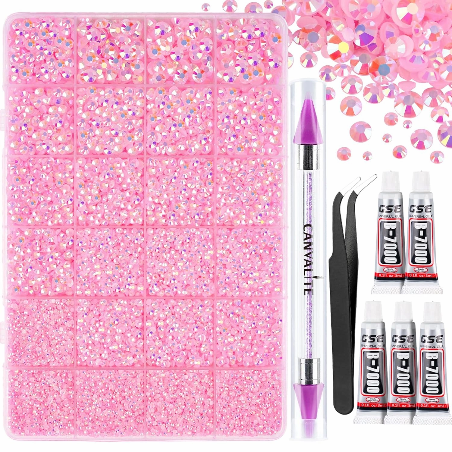 Canvalite 25000PCS Resin Jelly Rhinestones for Crafting, Pink AB Flatback Gems, Bedazzling Crystal with 5x2.5g B7000 Jewelry Glue and Tweezers Dotting pen for DIY Crafts Clothing Shoes Nail Art