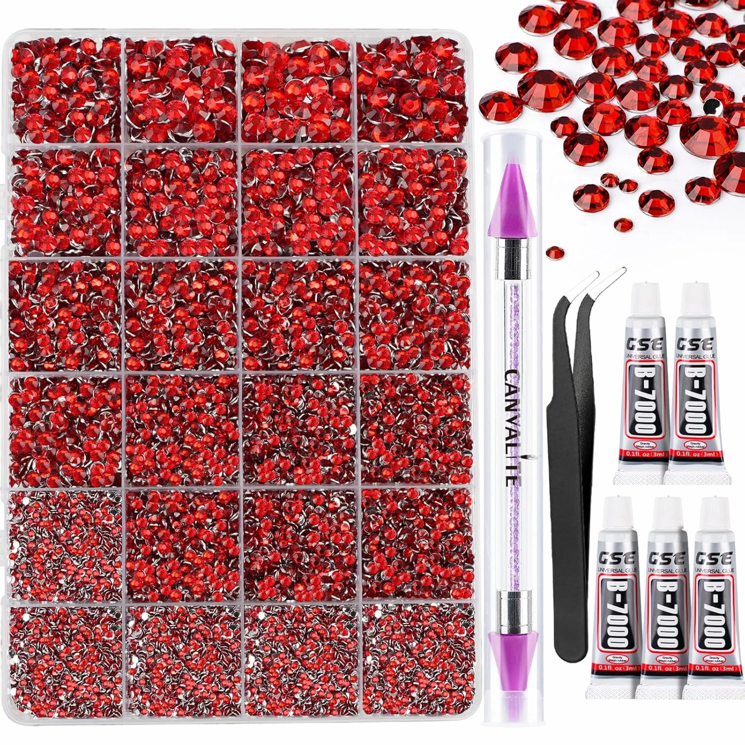 Canvalite 25000PCS Resin Jelly Rhinestones for Crafting,Red Flatback Gems, Bedazzling Crystal with 5Pcs 2.5g B7000 Jewelry Glue and Tweezers and Dotting pen for DIY Crafts Clothing Shoes Nail Art