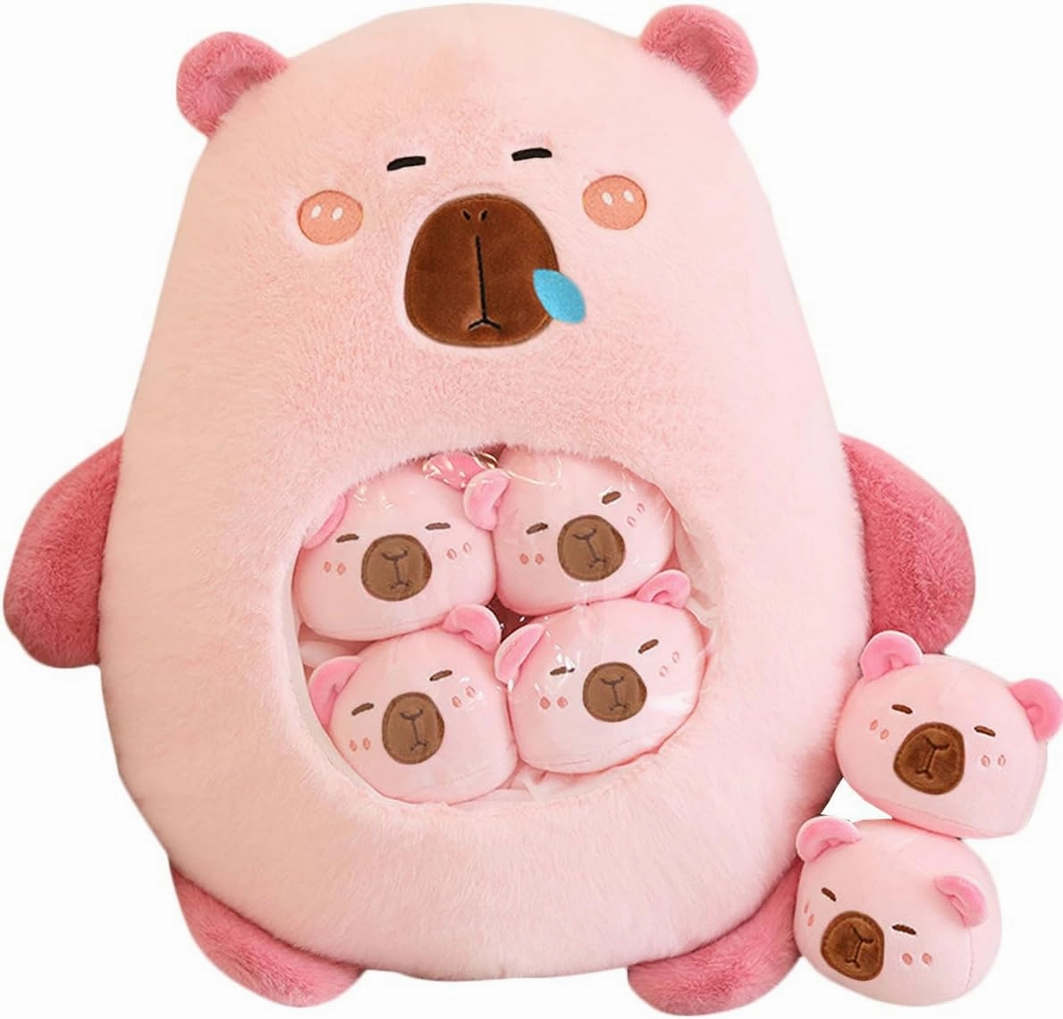 Capybara Stuffed Animal Kawaii Capybara Plush with 6 Cute Babies Bag of Capybara Plushies Pillow Stuffed Toys for Girls Boys Gifts,Pink