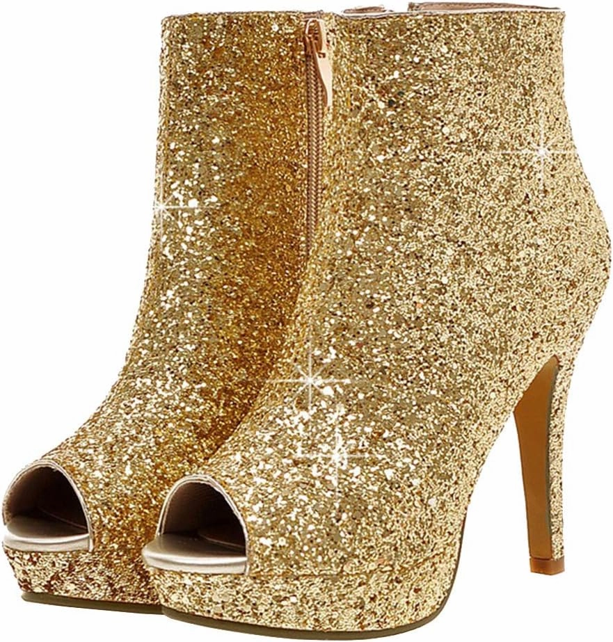 Caradise Womens Sparkly Glitter Peep Toe Stiletto Booties High Heel Platform Party Prom Ankle Boots