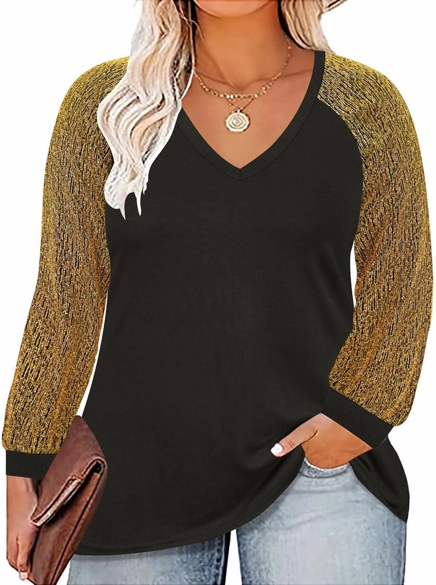 CARCOS Plus Size Tops for Women Criss Cross Long Sleeve Shirts V Neck Tunics Casual Fall T Shirt Loose Fits Blouses XL-5XL