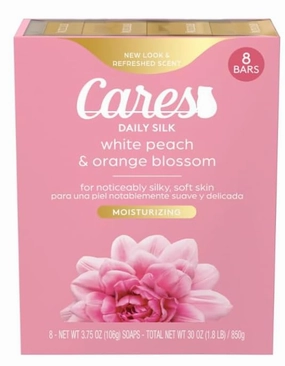 Cares~s Beauty Bar White Peach & Orange Blossom Scent Bar, Silky and Soft Skin Daily Silk With Silk Extract and Floral Oil Essence 8 Bars - 3.75oz each