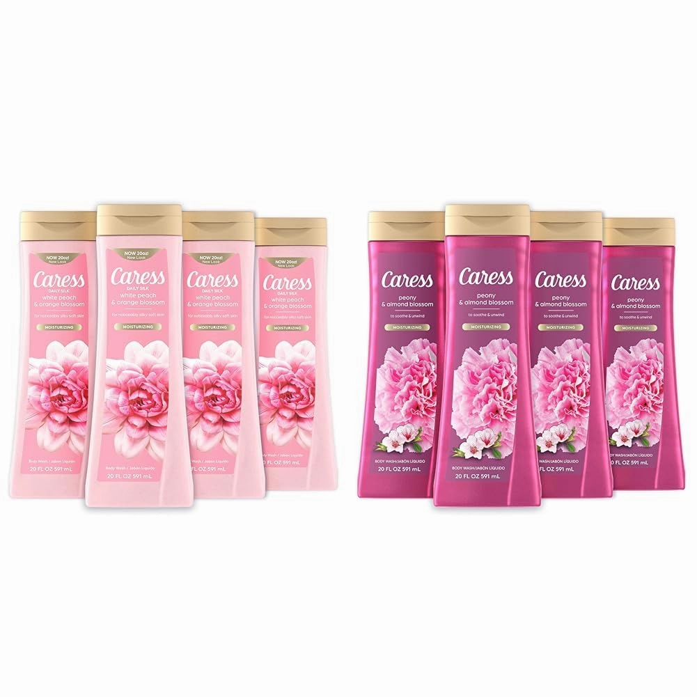 Caress Body Wash With Silk Extract For Noticeably Silky, Soft Skin Daily Silk Body Soap With White Peach & Orange Blossom 20 fl oz 4 pack & Moisturizing Peony & Almond Blossom Body Wash For Fresh