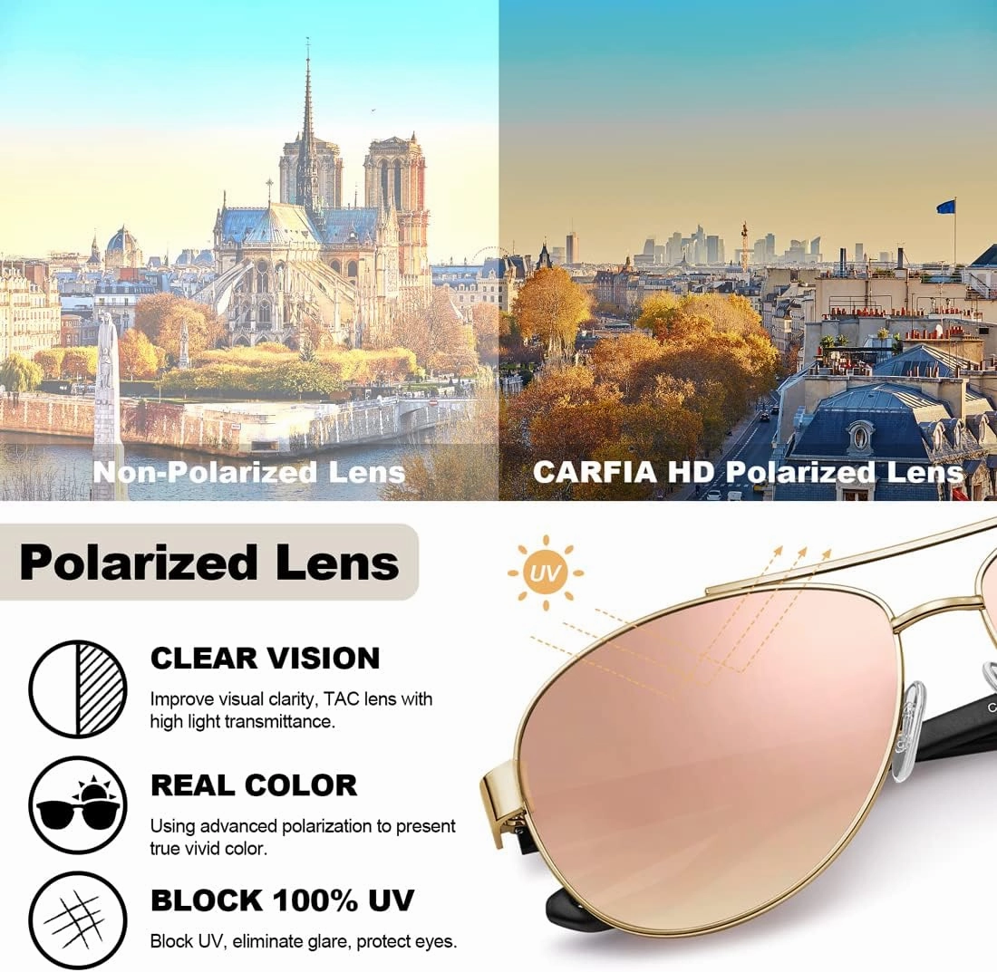 CARFIA Lightweight Retro Pilot Sunglasses for Women Polarized UV Protection, Trendy Outdoor Driving Lady Sunnies Metal Frame