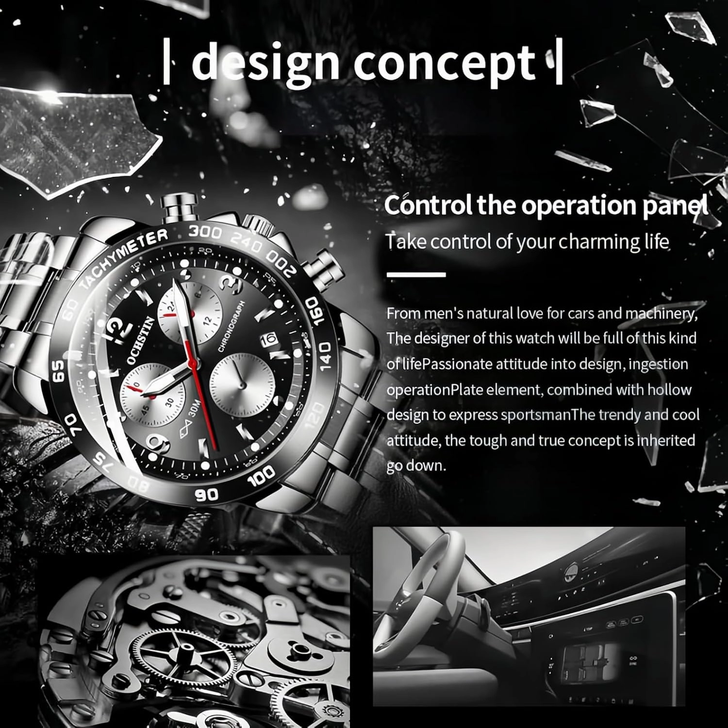 CARLIEN Men's Fashion Big Face Auto Date Chronograph Stainless Steel Waterproof Analog Watches Arabic Numerals Luminous Men Dress Wrist Watch