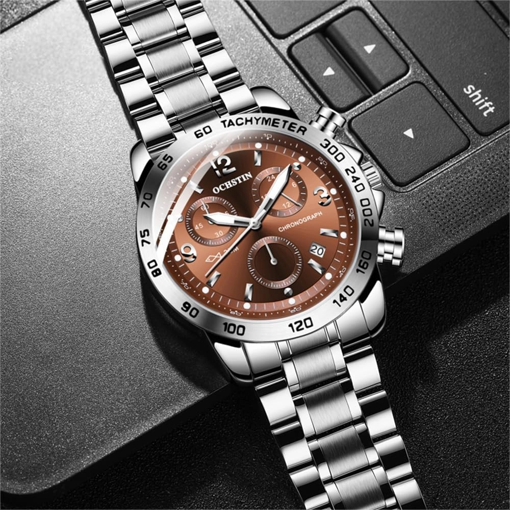 CARLIEN Men's Fashion Big Face Auto Date Chronograph Stainless Steel Waterproof Analog Watches Arabic Numerals Luminous Men Dress Wrist Watch