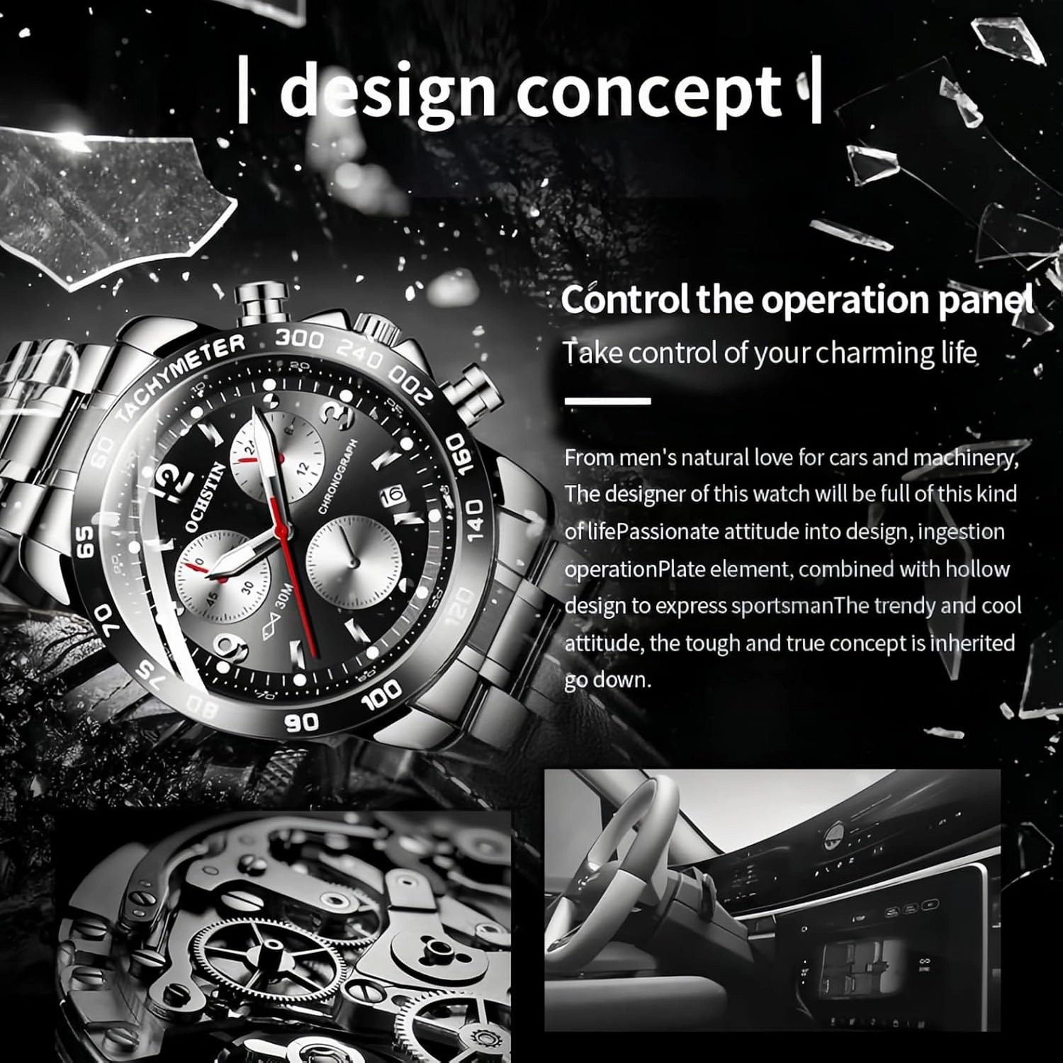 CARLIEN Men's Fashion Big Face Auto Date Chronograph Stainless Steel Waterproof Analog Watches Arabic Numerals Luminous Men Dress Wrist Watch