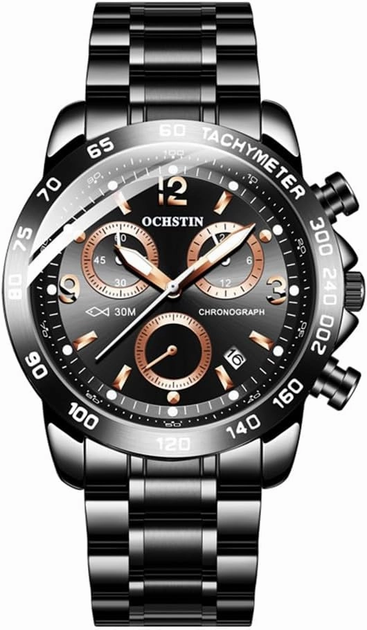 CARLIEN Men's Fashion Big Face Auto Date Chronograph Stainless Steel Waterproof Analog Watches Arabic Numerals Luminous Men Dress Wrist Watch