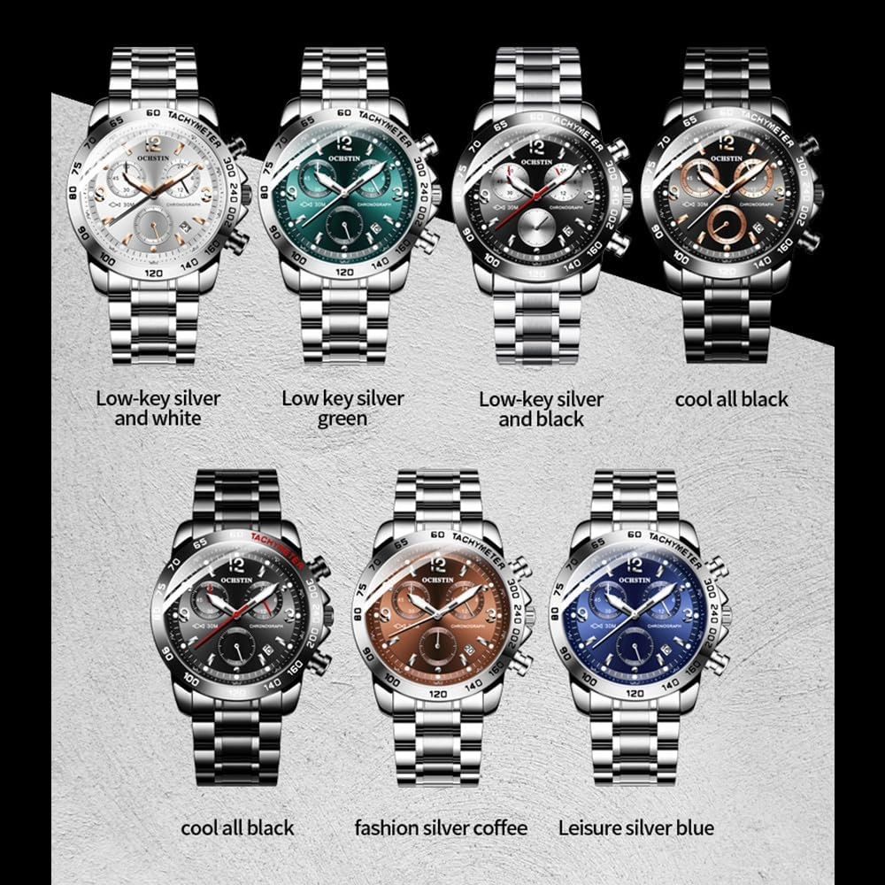 CARLIEN Men's Fashion Big Face Auto Date Chronograph Stainless Steel Waterproof Analog Watches Arabic Numerals Luminous Men Dress Wrist Watch