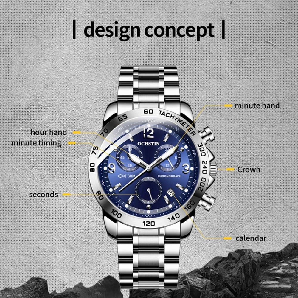 CARLIEN Men's Fashion Big Face Auto Date Chronograph Stainless Steel Waterproof Analog Watches Arabic Numerals Luminous Men Dress Wrist Watch