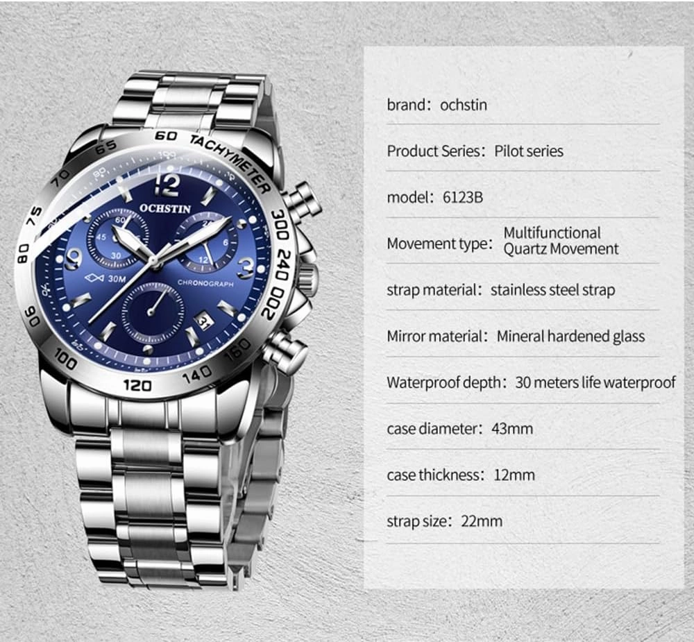 CARLIEN Men's Fashion Big Face Auto Date Chronograph Stainless Steel Waterproof Analog Watches Arabic Numerals Luminous Men Dress Wrist Watch