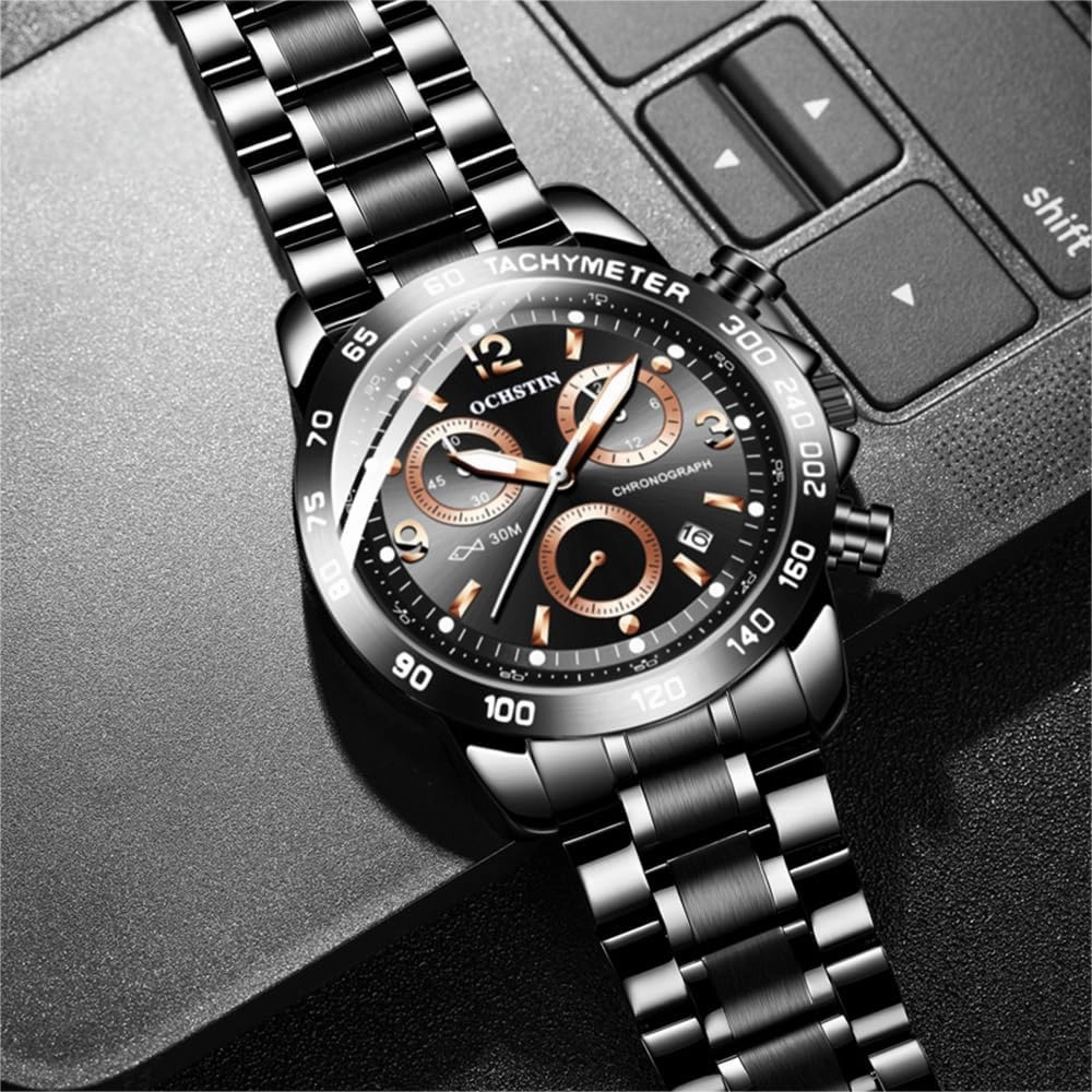 CARLIEN Men's Fashion Big Face Auto Date Chronograph Stainless Steel Waterproof Analog Watches Arabic Numerals Luminous Men Dress Wrist Watch
