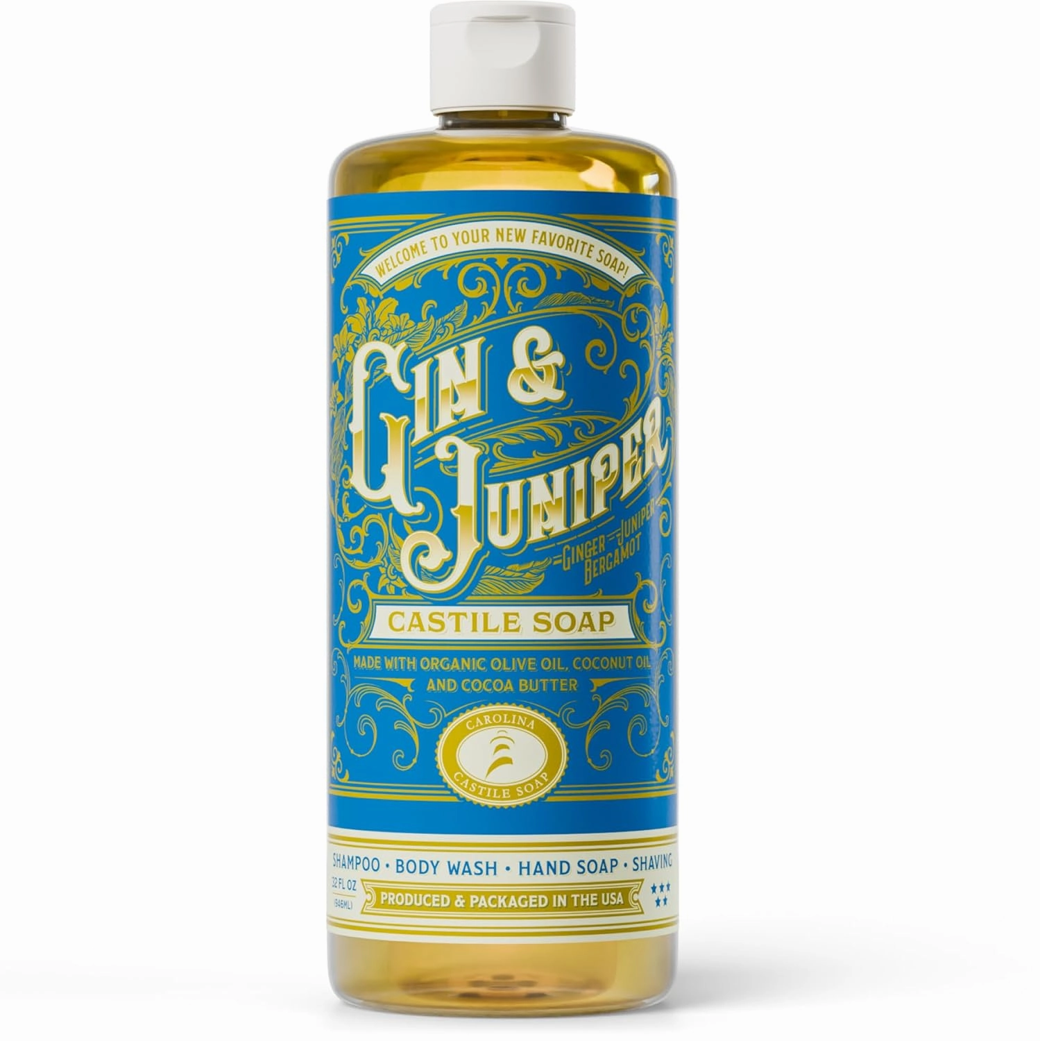 Carolina Castile Soap Gin & Juniper Scented – Certified Organic Base, High Olive Oil Content, Non-Drying, Made with Organic Oils, Concentrated Body Wash for Men (Gin & Juniper, 32 Fl Oz)