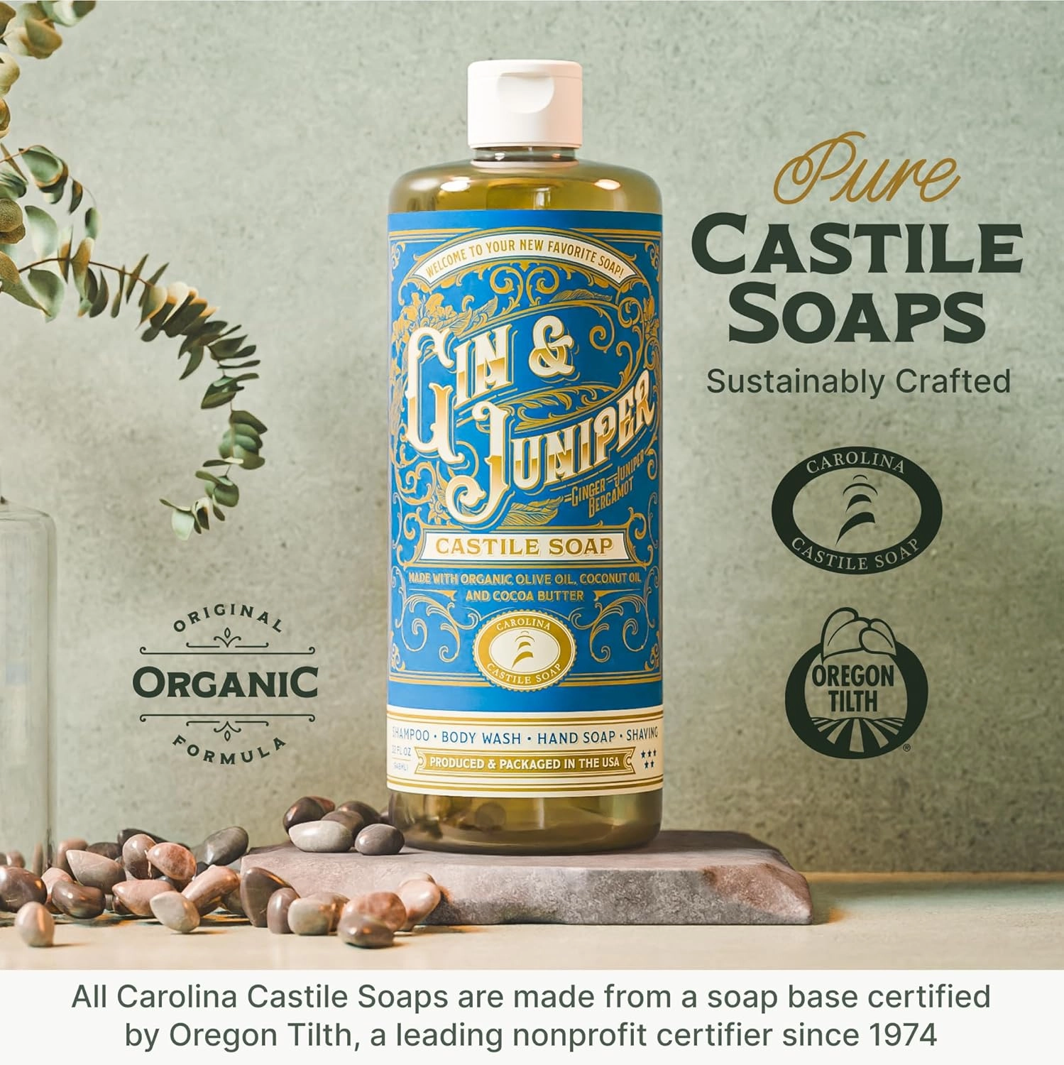 Carolina Castile Soap Gin & Juniper Scented – Certified Organic Base, High Olive Oil Content, Non-Drying, Made with Organic Oils, Concentrated Body Wash for Men (Gin & Juniper, 32 Fl Oz)