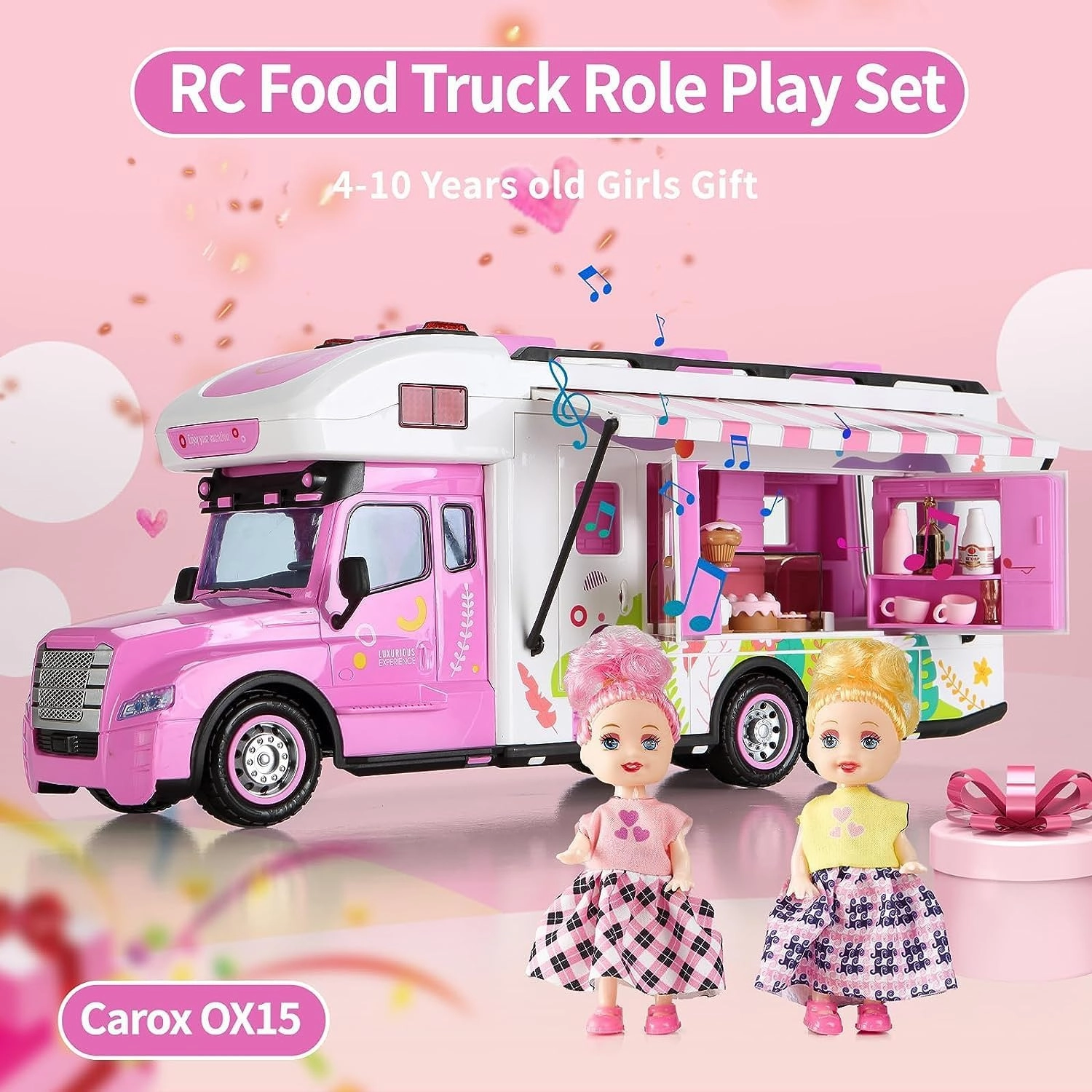 Carox Remote Control Car for Girls Food Truck Toy Playset,Pink Remote Control Food Truck with Food Set, Dolls and Tableware Set,Best Gift for 4-9 Years Old Girls, Birthday (Rose red)