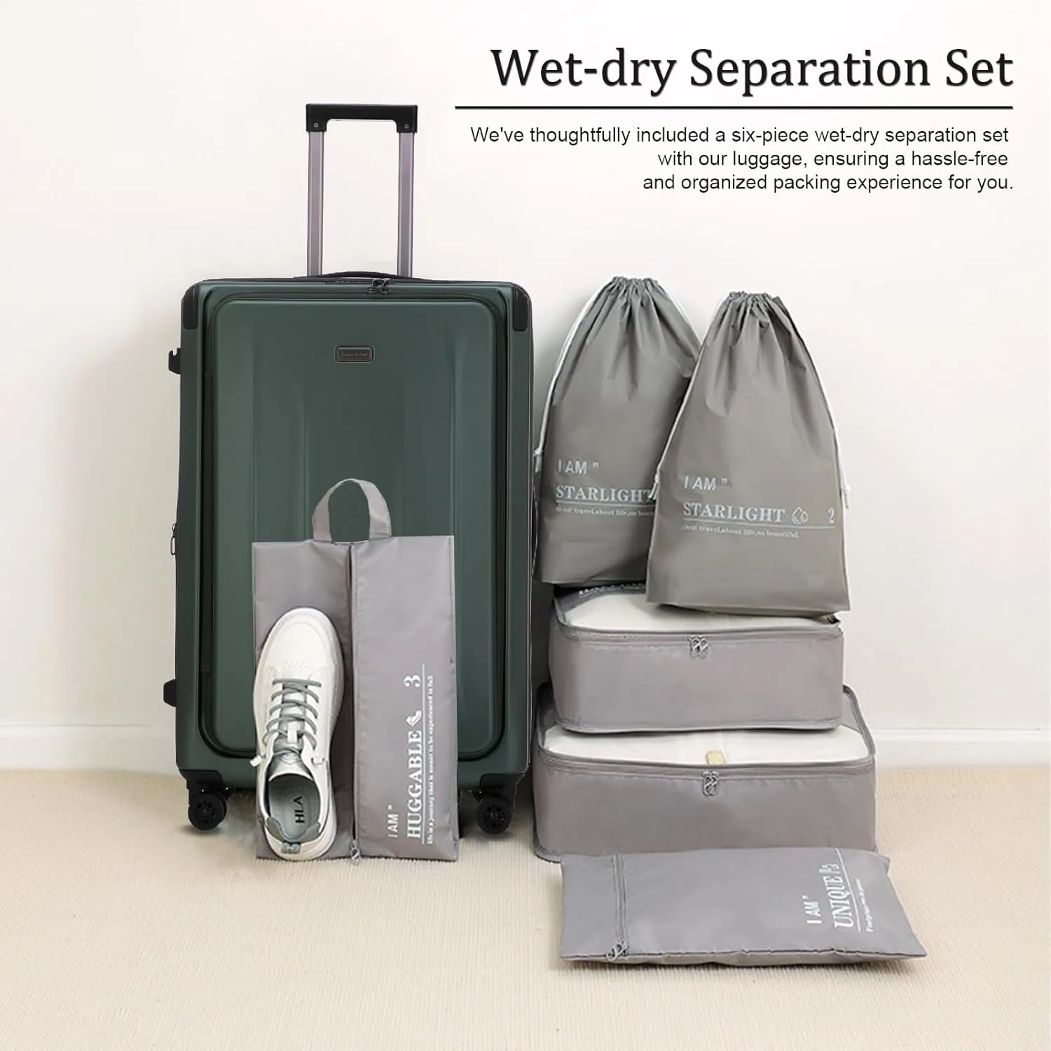 Carry On Luggage, 20 Inch Top Opening Aluminum Frame Lightweight Airline Approved ABS PC Hard Shell Suitcases with Silent Wheels, TSA Lock, Front Pocket & Wet-dry Separated Six-piece Set