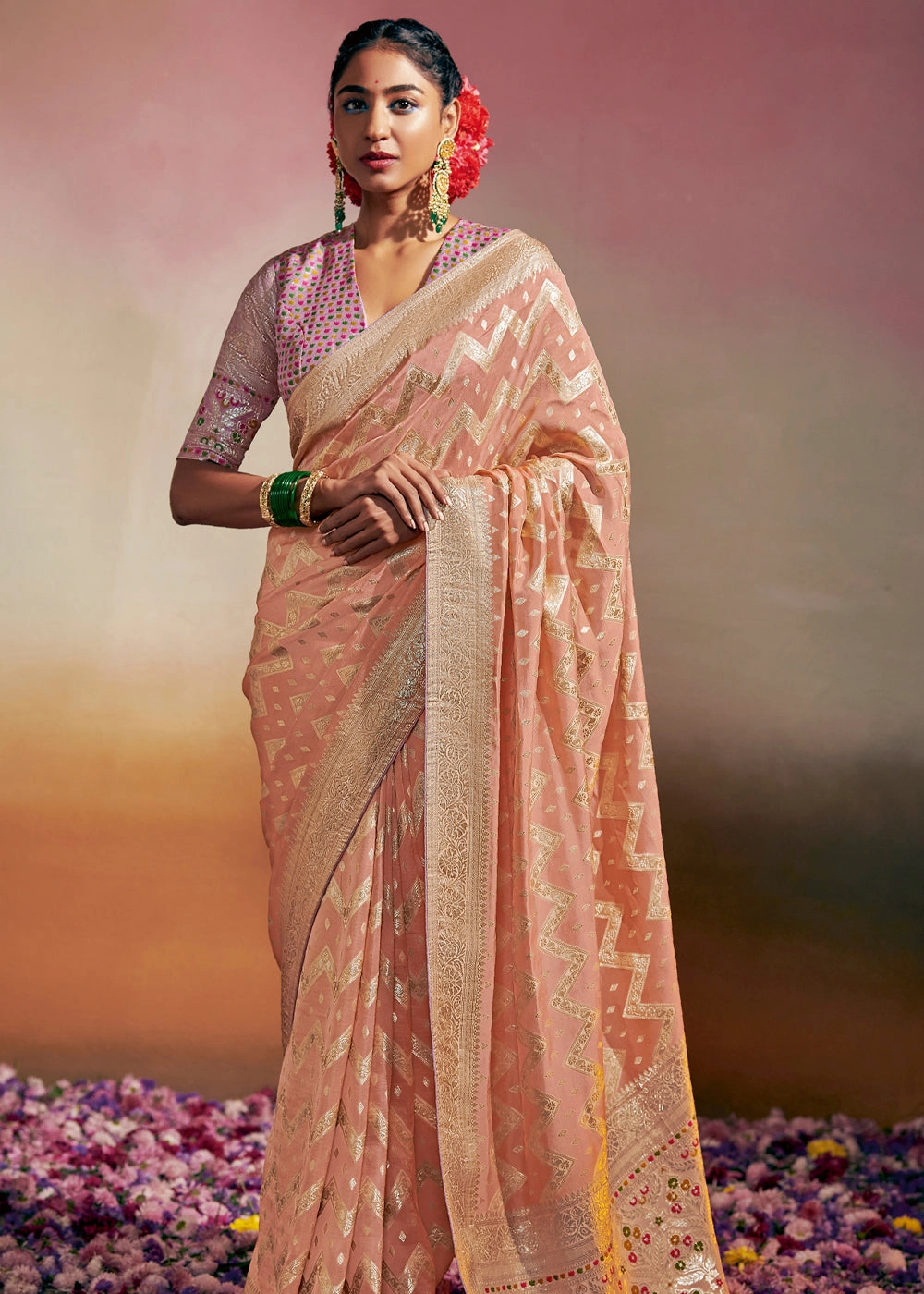 Cashmere Peach Woven Banarasi Soft Silk Saree