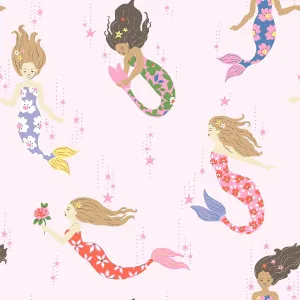 Cath Kidston Mermaids Wallpaper Multi 182534 - Modern Wallpaper for Kids Bedroom, Playroom & Nursery - Decorative Luxury Wall Paper with Mystical Mermaids Wearing Floral Dresses (Light Pink)