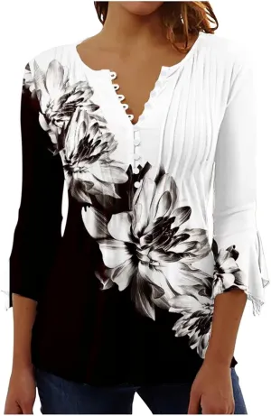 Ceboyel Womens Summer Tops 2023 Floral Button Down Tunic Shirts 3/4 Sleeve Tops Blouse Trendy Dressy Casual Ladies Clothes