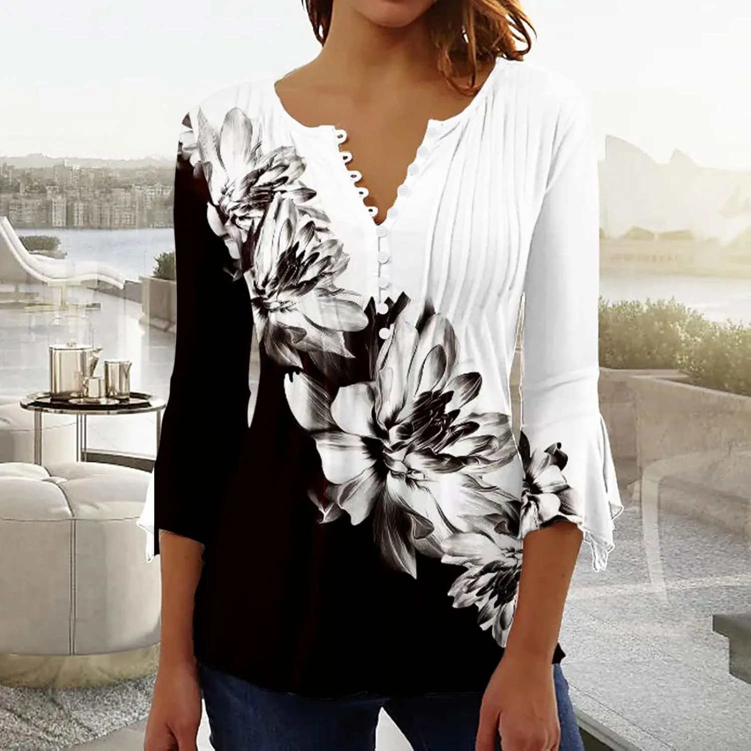Ceboyel Womens Summer Tops 2023 Floral Button Down Tunic Shirts 3/4 Sleeve Tops Blouse Trendy Dressy Casual Ladies Clothes