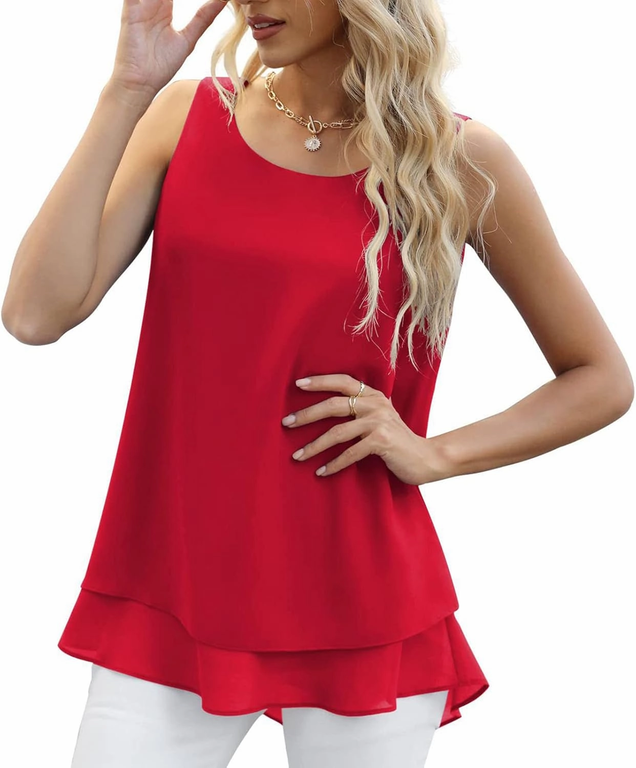 Ceboyel Women Double Layers Hem Blouses Top Scoop Neck Flowy Tank Tops Sleeveless Shirt Tunic Casual Summer Beach Outfits