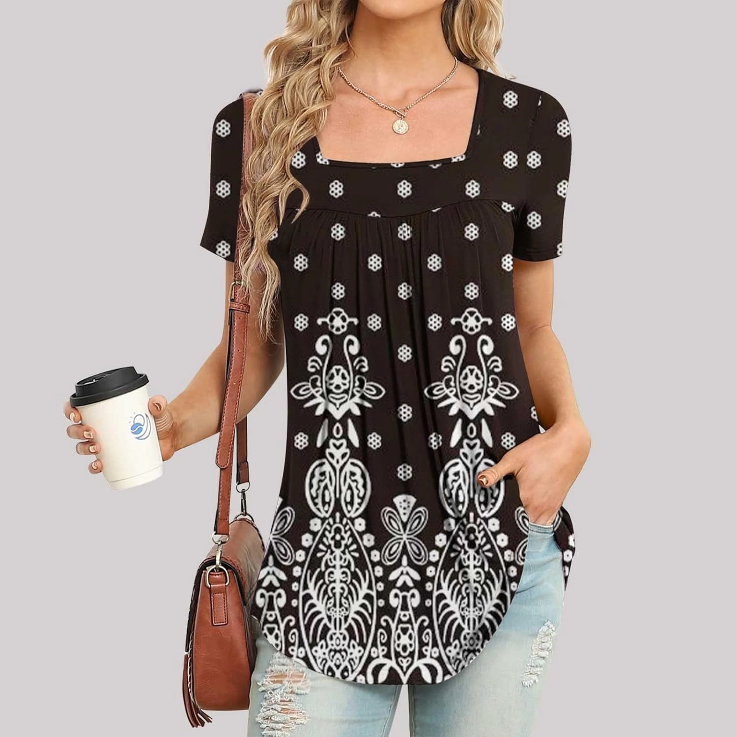 Ceboyel Womens Paisley Square Neck Tunic Tops Pleated Short Short Sleeve Shirts Casual Summer Blouses For Leggings 2023