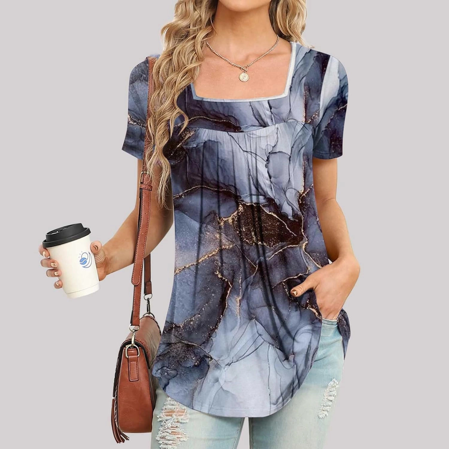 Ceboyel Womens Paisley Square Neck Tunic Tops Pleated Short Short Sleeve Shirts Casual Summer Blouses For Leggings 2023