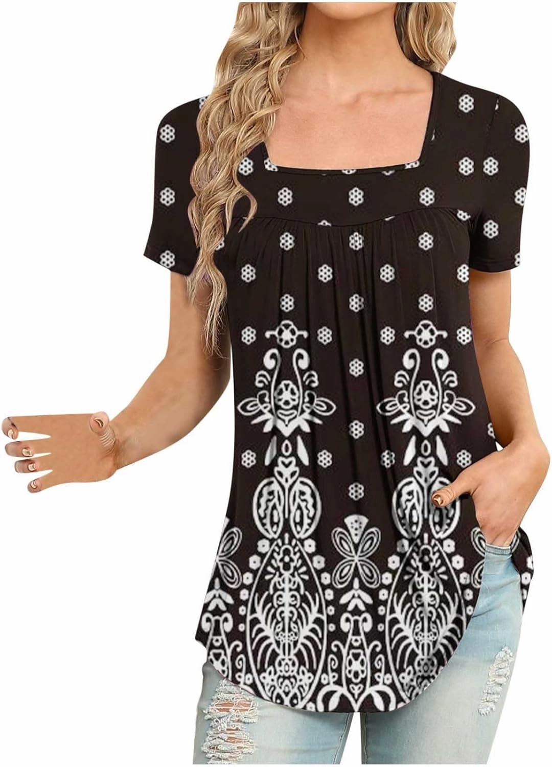 Ceboyel Womens Paisley Square Neck Tunic Tops Pleated Short Short Sleeve Shirts Casual Summer Blouses For Leggings 2023