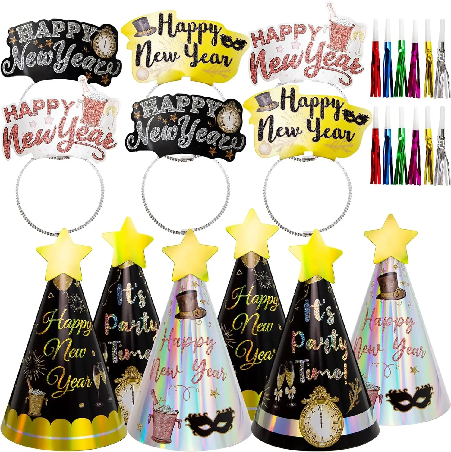 ceiba tree Happy New Years Eve Party Supplies 2025 NYE Party Favors 12 Hats 6 Headbands Tiara 12 Squawkers New Year Eve Decorations Headband Blowers Noisemakers