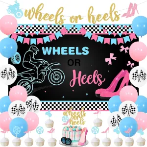 Cheereveal Wheels or Heels Gender Reveal Decorations, Wheels or Heels Gender Reveal Backdrop Balloons Banner Cake Toppers for Boy or Girl Pink and Blue Baby Shower Decorations
