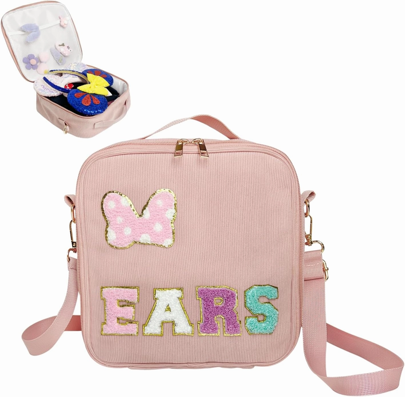 Chenille Letter Bow Mouse Ears Travel Case,Mouse Ears Travel Case with Multipocket,Park Ears Headband Holder Hair Accessories Organizer Bag for Girls Women Kids Adults