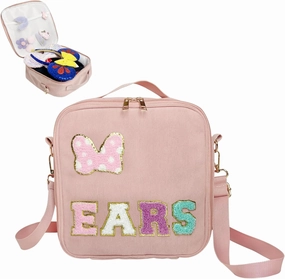 Chenille Letter Bow Mouse Ears Travel Case,Mouse Ears Travel Case with Multipocket,Park Ears Headband Holder Hair Accessories Organizer Bag for Girls Women Kids Adults