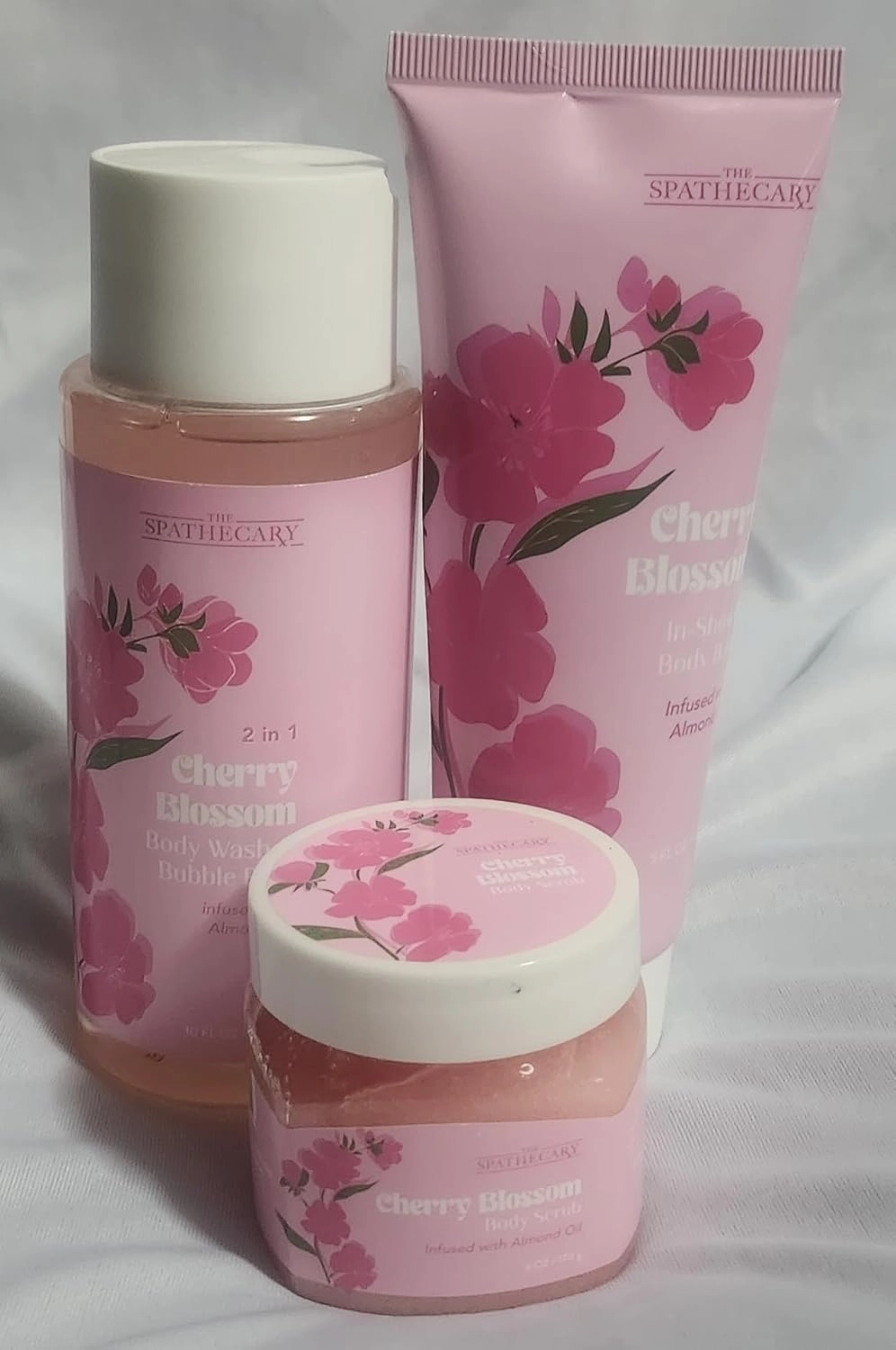 Cherry Blossom Bath Gift Set, 2-in-1 Body Wash, Body Scrub with Almond Oil, 3 Piece Spa Collection