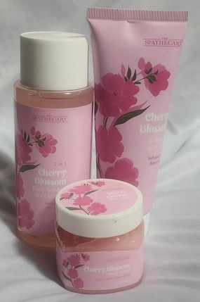 Cherry Blossom Bath Gift Set, 2-in-1 Body Wash, Body Scrub with Almond Oil, 3 Piece Spa Collection