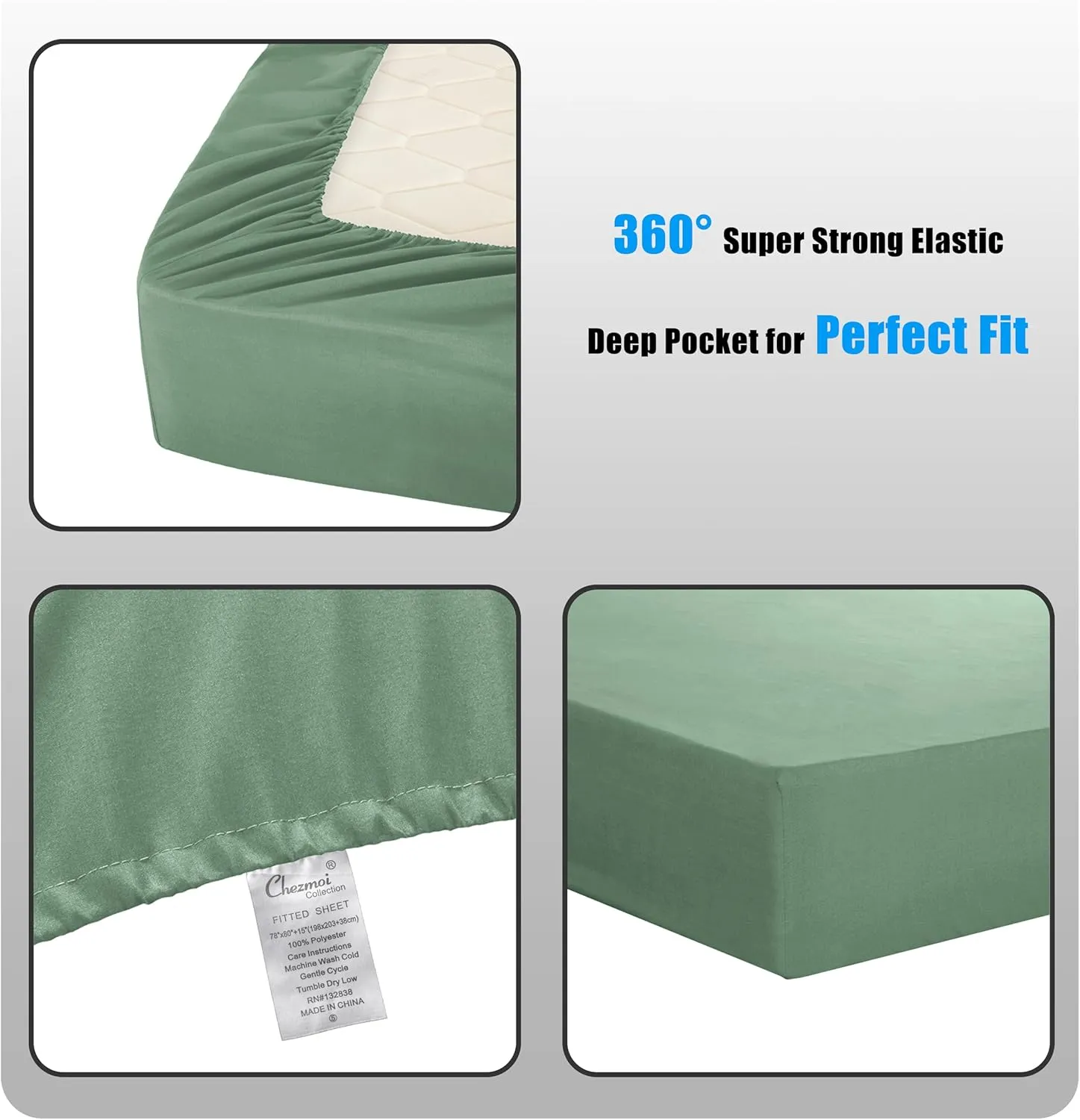 Chezmoi Collection 4-Piece Sage Green Sheet Set King Size - 110GSM Peach Skin Brushed Microfiber Polyester 16" Deep Pocket Bed Sheets & Pillowcases