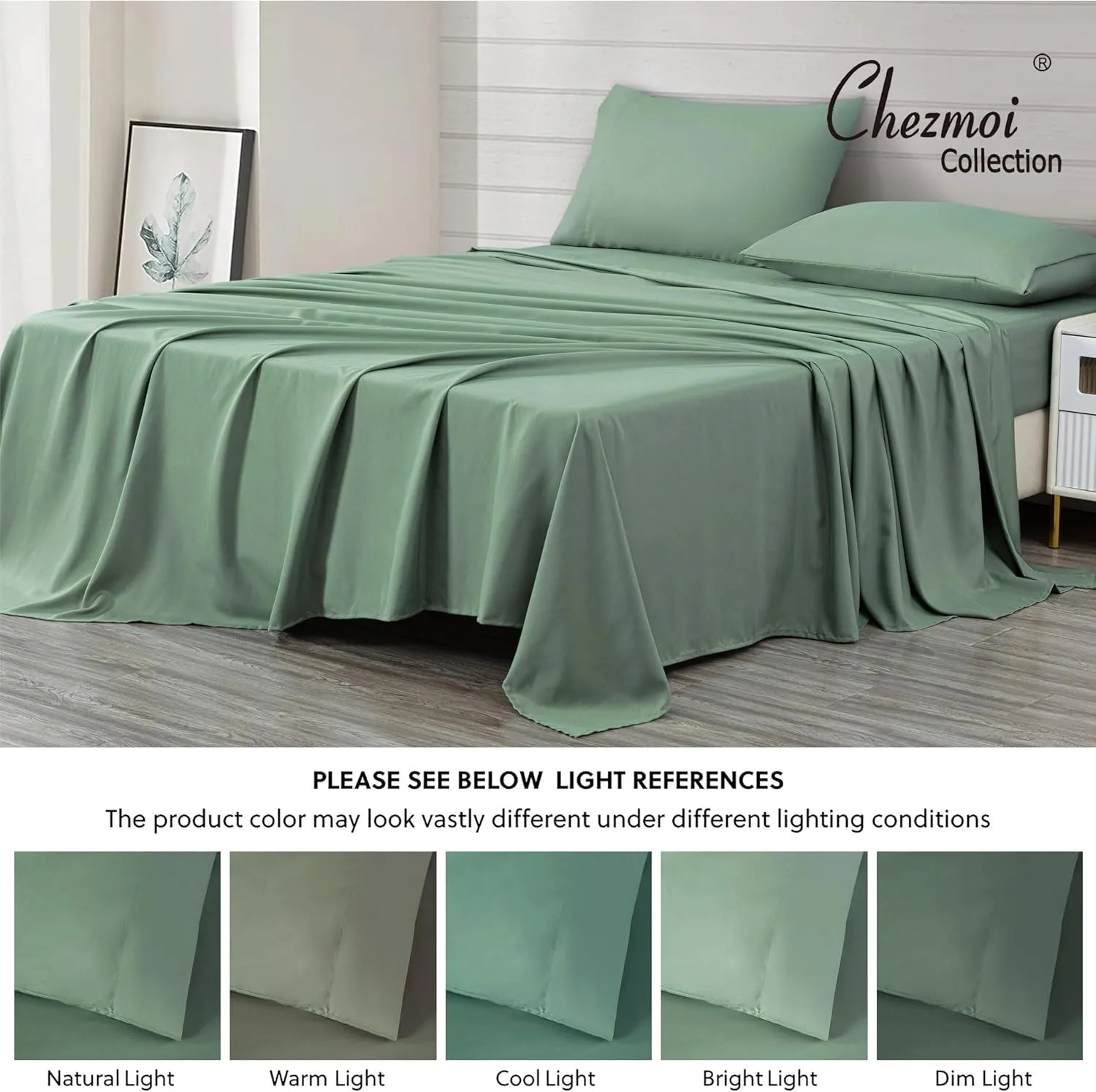 Chezmoi Collection 4-Piece Sage Green Sheet Set King Size - 110GSM Peach Skin Brushed Microfiber Polyester 16" Deep Pocket Bed Sheets & Pillowcases