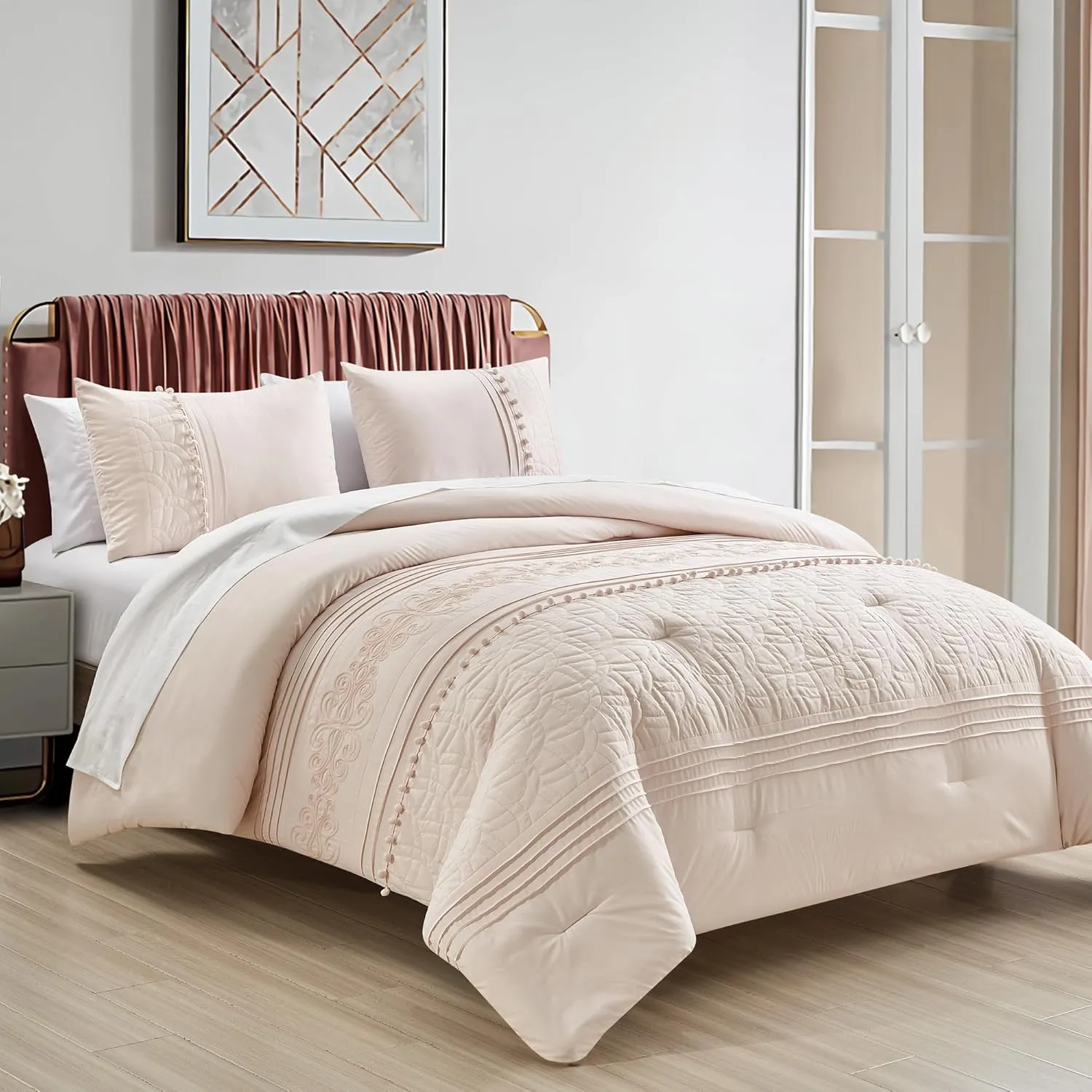 Chezmoi Collection Athena Queen Bed in a Bag 7-Pieces Floral Chenille Embroidered Pom Pom Stripe Comforter Set with Sheets All Season Bedding Set, Queen, Blush Pink